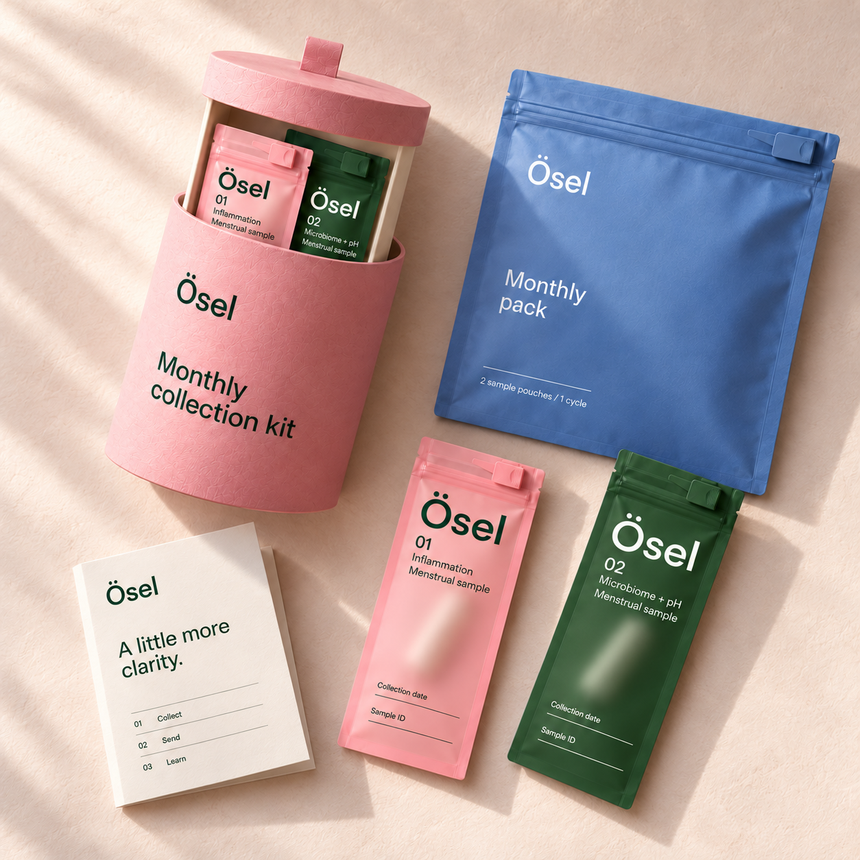 Ösel welcome kit with a pink paperboard cylinder, two matte sample pouches, folded instructions and blue monthly refill pack
